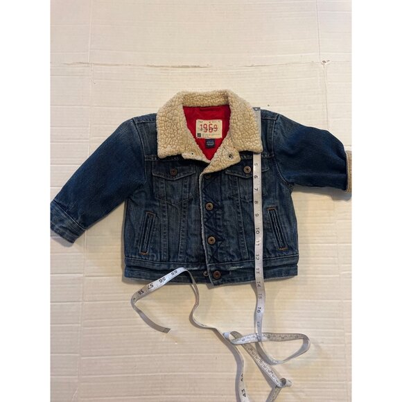 Gap Toddler Moto Club Denim Jacket Sherpa Collar Red Quilted Lining 18-24 Months - Picture 9 of 10